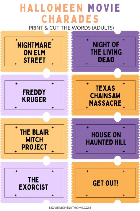 Halloween Charades For Adults, Halloween Charades Free Printable, Charades For Adults, Pictionary Word List, Charades Word List, Charades Words, Halloween Charades, Halloween Drinking Games, Pictionary Words