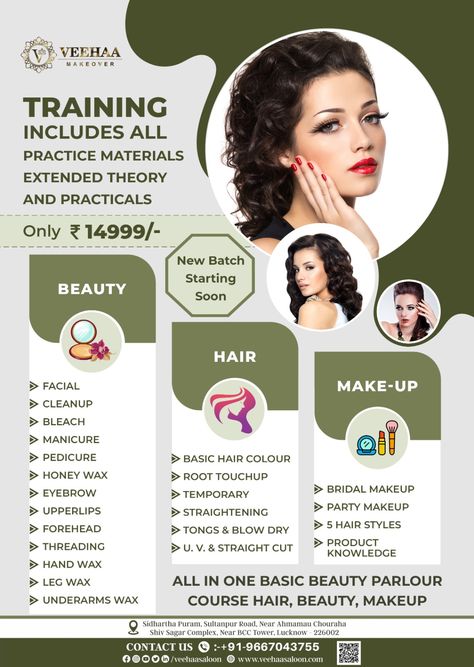 We are Providing the best Training for Hair Beauty and Makeup Course. Reasonable Prices with Free Demo, in Lucknow Hair Designing/Salon Courses/Beauty Parlour Courses/Makeup course. • Ground Floor, House No 786, Sultanpur Rd, Arjunganj, Ahmamau, Lucknow Call or DM for more information on +91-9667043755 #veehaaacademy #veehaamakeover #veehaasaloon #facetreatment #facialmassage #waxing #threading #hairspa #parlourcourse #salooncourse #bestfacetreatment #bookyourslots #beauty #makeup #makeupbyneha Logos, Beauty Course Poster, Parlour Poster Design, Beauty Parlour Poster, Parlour Makeup, Beauty Parlour Course, Beauty Parlour Makeup, Ground Floor House, Waxing Legs