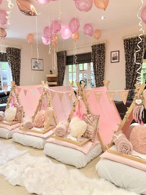 Swoon over this gorgeous boho chic sleepover birthday party! The teepees are magical! See more party ideas and share yours at CatchMyParty.com #catchmyparty #partyideas #bohochicparty #sleepover #girlbirthdayparty Pink And White Birthday Party, Soirée Pyjama Party, Pink And White Birthday, White Birthday Party Ideas, Slumber Party Decorations, Girls Sleepover Party, Sleepover Room, Birthday Sleepover Ideas, Sleepover Tents