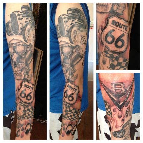 Flame Tattoo Sleeve, Rockabilly Tattoo Sleeve, Rockabilly Tattoos, Hot Rod Tattoo, Engine Tattoo, Harley Tattoos, Mechanic Tattoo, Club Tattoo, Flame Tattoos