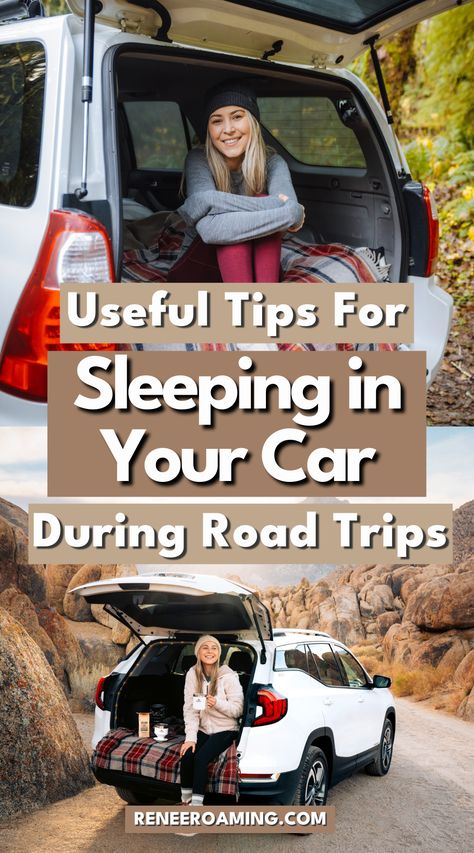 Tips For Sleeping, Car Camping Organization, Bil Camping, Sleep In Car, Car Camping Essentials, Sleeping In Your Car, Minivan Camping, Suv Camping, Road Trip Camping