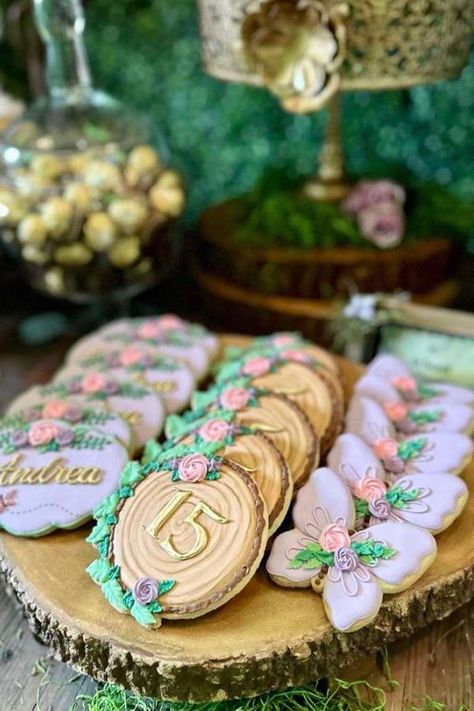Don't miss this magical woodland quinceanera birthday party! Love the cookies! See more party ideas and share yours at CatchMyParty.com Enchanted Forest Desserts Table, Enchanted Forest Theme Cookies, Enchanted Forest Card Box Ideas, Enchanted Forest Quinceanera Theme Cake, Enchanted Forest Quinceanera Party Favors, Enchanted Forest Desert Table Ideas, Nature Theme Quinceanera, Mushroom Quinceanera Theme, Quinceanera Themes Enchanted Forest