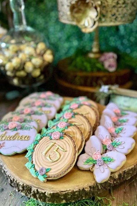 Don't miss this magical woodland quinceanera birthday party! Love the cookies! See more party ideas and share yours at CatchMyParty.com Enchanted Forest Desserts Table, Quince Small Party Ideas, Enchanted Forest Desert Table Ideas, Enchanted Forest Quinceanera Party Favors, Enchanted Forest Theme Cookies, Magical Forest Theme Party, Magical Party Ideas, Enchanted Forest Theme Treats, Enchanted Forest Theme Desserts