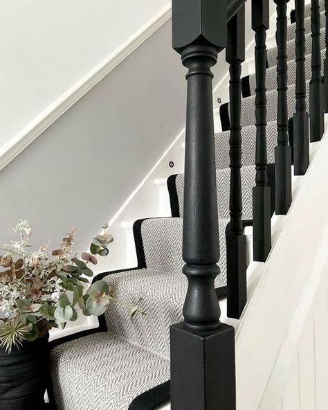 Black White Bannister, Monochrome Stairs And Landing, Black Bannister Rail White Spindles, Staircase Ideas Black And White, Black Bannisters And Spindles, Matt Black Staircase, White And Black Banister, Paint Stairs With Runner, Black Dado Rail Hallway