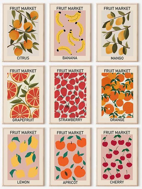 PRICES MAY VARY. 【Fruit Market Wall Art Prints】 The size of the fruit print is: 8x10inch (20x25cmx9pcs). Bring a burst of color to your walls with this set of 9 abstract colorful fruit posters. These prints feature bright and vivid colors that will instantly grab attention and add a lively atmosphere to any room. 【Pefect Posters for Room Aesthetic Decor】 Perfectly suited for various rooms in your home, these Fruit Market Prints can be displayed in the Dining Room, Nursery, Living Room, or Hallwa Paintings For Dining Room, Kitchen Gallery Wall, Fruit Market, Fruit Wall Art, Foodie Art, Eclectic Gallery Wall, Flower Market Poster, Wall Decor Canvas, Gallery Wall Art Set