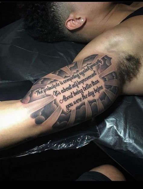 Inner Bicep Tattoo Men Bible Verse, Motivational Sleeve Tattoo, Bible Verse Tattoos For Men Inner Bicep, Egyptian Bicep Tattoo Men, Inner Bicep Quote Tattoo Men, Mens Inside Forearm Tattoo, Guy Bicep Tattoo Ideas, Humble Tattoo Men Arm, Tattoos For Son For Men