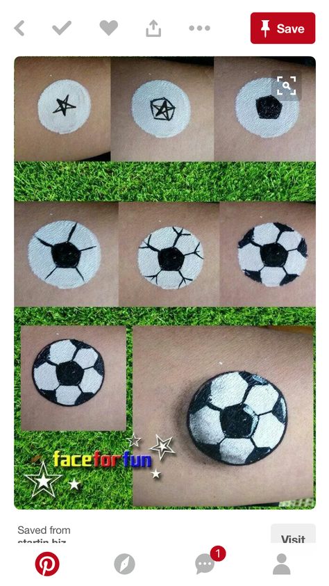 Soccer ball face painting Football Face Paint, Sport Art Projects, Face Painting Tips, Bodysuit Tattoos, Face Painting For Boys, Cheek Art, Face Painting Tutorials, Face Painting Easy, Kids Face Paint