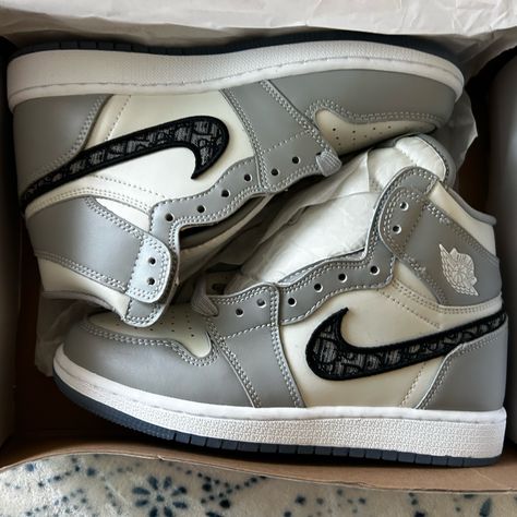 Dior Air Jordans Brand New- Excellent Condition -Never Worn Given To As A Gift, Not My Style Unsure If They’re Real Or Not Box Got Messed Up When I Moved Original Packaging Nik Shoes, Dior Jordans, Dior Air Jordan, Jordan Dior, Dior Clothes, Air Dior, Shoes Dior, Grey Jordans, Nike Jordans