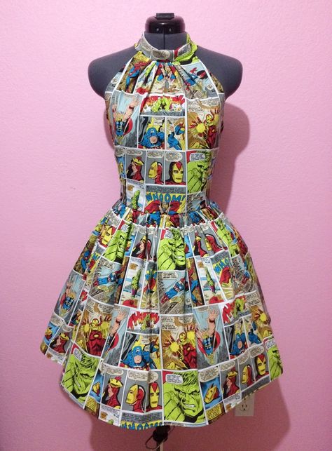 Marvel Comic Strip, Recycled Costumes, Comic Dress, Strip Dress, Newspaper Fashion, Marvel Fashion, Recycled Outfits, Vintage Marvel, Crazy Dresses