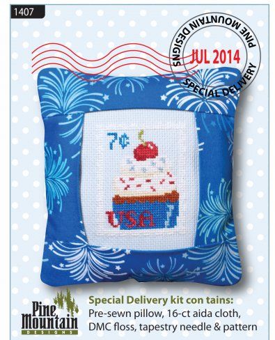 July Stamp Special Edition (1407), from Pine Mountain Designs. Pine Mountain, Small Pillow, Aida Cloth, Mountain Designs, Small Pillows, Dmc Floss, Special Delivery, Cross Stitch Kits, Stitch Kit