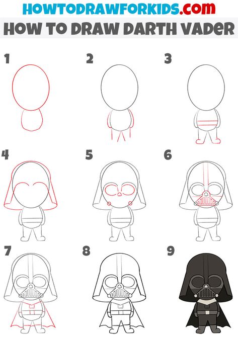 How to Draw Darth Vader - Easy Drawing Tutorial For Kids Darth Vader Cartoon Drawing, Darth Vader Easy Drawing, How To Draw Darth Vader Step By Step, Darth Vader Doodle, How To Draw Star Wars Step By Step, Darth Vader Painting Easy, Easy Starwars Drawing, How To Draw Star Wars Characters, How To Draw Darth Vader