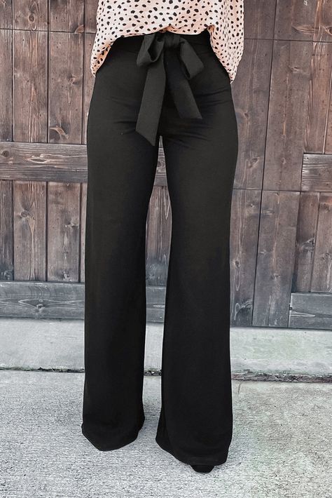 Black High Waist Front Tie Flared Pants Dress Pants Outfits, High Waisted Flare Pants, Casual Tie, High Waisted Flares, Style Noir, Black High Waist, Flared Pants, Black Dress Pants, Dress Pant