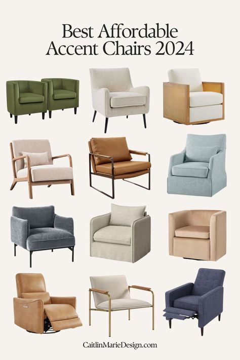 A roundup of the best affordable accent chairs for a living room in 2024! Tap for barrel, lounge, and swivel chair options that you'll love. | best accent chairs for small spaces, lounge chair, wooden frame, perfect chair, interior design, budget home decor Mismatched Accent Chairs Living Room, Serena And Lily Living Room, Interior Design Budget, Sitting Area Chairs, Chair Interior Design, Best Accent Chairs, Living Room 2024, Farmhouse Accent Chair, Family Room Accent Chair
