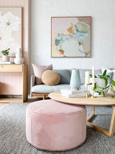 18 Ideas Latest Home Decor Trends 2024: Insights From A US Interior Designer On Modern Design Evolution Pastel Clean Aesthetic, Pastel Lounge Room, Blush And Blue Living Room, Pastel Ottoman, Pastel Living Room Ideas, Pastel Scandi, Pastel Office, Norsu Interiors, Coffee Table Alternatives