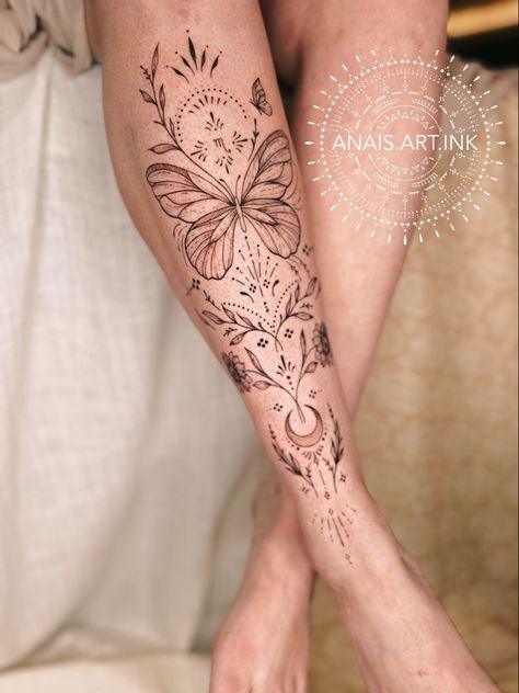 Shin Tattoo Ideas For Women, Delicate Shin Tattoo, Ankle And Shin Tattoos For Women, Dainty Shin Tattoo, Nature Shin Tattoo, Ladies Shin Tattoo, Shin Tattoo Color, Butterfly On Shin Tattoo, Full Ankle Tattoos For Women