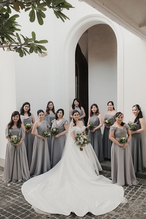 White And Gray Wedding Theme, White And Grey Wedding Theme, Grey Dress Outfit Wedding, Grey And White Wedding Theme, Green Gray Wedding, Satin Gown Bridesmaid, Gowns Elegant Classy, Bridesmaid Gown Elegant, Wedding Gown 2023