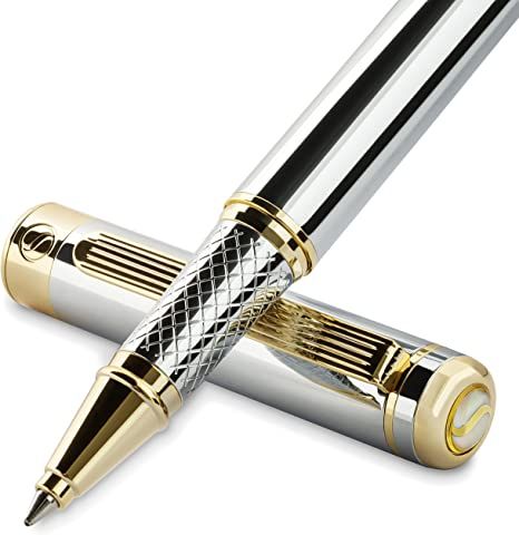 Amazon.com: Scriveiner Silver Chrome Rollerball Pen - Stunning Luxury Pen with 24K Gold Finish, Schmidt Ink Refill, Best Roller Ball Pen Gift Set for Men & Women, Professional, Executive Office, Nice, Fancy Pens : Office Products قلم حبر جاف, Gift Set For Men, Fancy Pens, Pen Set Gift, Luxury Pens, Gel Ink Pens, Beautiful Calligraphy, Silver Chrome, Roller Ball