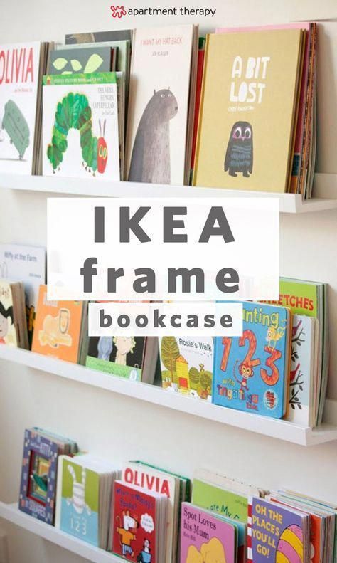 20 Ways to Use IKEA's RIBBA Picture Ledge All Over the House | This iKEA DIY bookcase is the perfect space saver for any small space, or great way to display books, memories, and souvenirs in a kids room. These frames can also be spaced to be the best textured, 3D ribba gallery wall. #Kidsroomideas Space Saver Bookshelf Ideas, Cornered Bookshelf, Ikea Floating Shelf Ideas, Ikea Book Display, Ribba Gallery Wall, Art Supply Wall, Diy Book Wall, Book Wall Shelf, Wooden Book Shelves