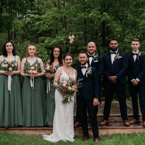 Eucalyptus Dress Wedding, Navy Blue And Green Wedding Party, Eucalyptus Wedding Party Attire, Eucalyptus Bridal Party Groomsmen, Pine Green Groomsmen Attire, Eucalyptus Bridesmaid Dress With Navy Groomsmen, Navy Suits And Green Bridesmaid Dresses, Navy And Moss Green Wedding, Sage Green Bridesmaid Dresses And Navy Suits