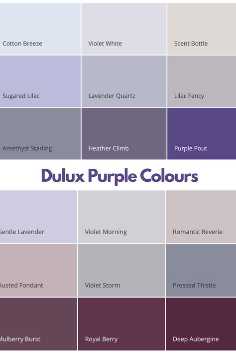 dulux purple colours, swatches of all the different Dulux purple paint colours in their collection ranging from light lilac to deep aubergine Light Purple Shade, Lick Purple Paint, Shades Of Purple Wall Paint, Light Shades Of Purple, Dulux Purple Paint, Purple Dressing Room, Lilac Panelling, Dusky Purple Bedroom, Fun Ways To Paint Walls