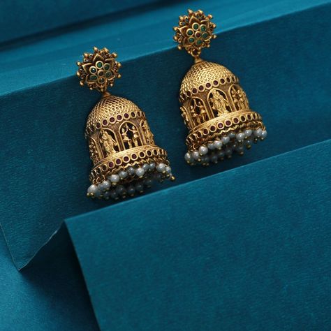 Leela Antique Earrings South Indian Earrings Traditional, Indian Jewellery Product Shoot, Jumkas Antiques, South Indian Earrings, Ancient Artwork, Bach Themes, Temple Jewellery Jhumkas, Temple Earrings, Heavy Jewellery