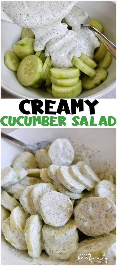 Creamy Cucumber Salad- easy bbq side dish low carb keto diet friendly. summer time low calorie side dish. Dill sour cream and more. so good Pastaless Salad Keto, Food Prep Recipes Healthy, Low Carb Lunch Sides, Easy Dinner Low Calorie, Healthy Low Carb Sides, Sides For Meal Prep, Easy Cucumber Snacks, Light Sides For Dinner, Summer Side Recipes