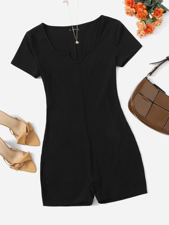 Black Casual Collar Short Sleeve Fabric Plain Unitard Embellished Slight Stretch Summer Women Plus Clothing Short Jumpsuit Outfit, Recycled Outfits, Comfy Jumpsuits, Body Suit With Shorts, Full Body Suit, Jumpsuit Outfit, Short Sleeve Jumpsuits, Short Sleeve Romper, Knitted Romper