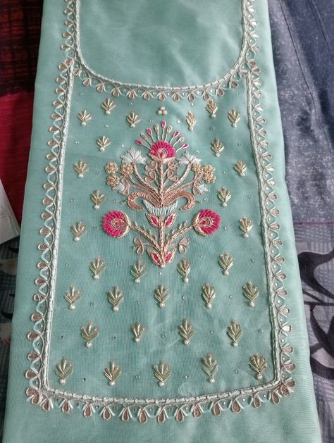 Teen fool designs gala design Handwork Embroidery Design Kurti, Hand Work Gala Design, Gala Embroidery Design, Handmade Suit, Fancy Dress Material, Khatli Work, Wedding Trousseau, Seed Bead Bracelet Patterns, Gala Design