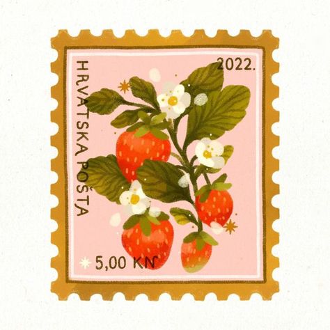 Postage Stamp Tattoo Strawberry, Post Stamp Illustration, Strawberry Postage Stamp, Postage Stamp Painting, Strawberry Plant Illustration, Strawberry Aesthetic Art, Strawberry Calligraphy, Cute Stamps Design, Strawberry Illustration Cute