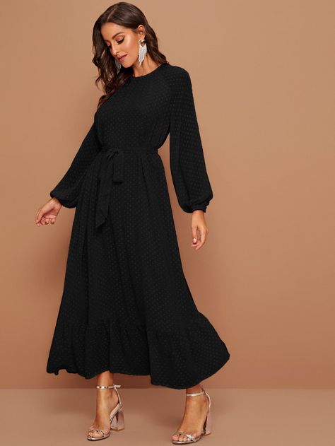 SHEIN Raglan Lantern Sleeve Flounce Hem Swiss Dot Dress | SHEIN USA Long Sleeve Black Dress Modest, Plain Black Dress Long Sleeve, Funeral Dress For Women Classy Cold Weather, Black Dress Elegant Long Sleeve, Black Long Dress Modest, Conservative Black Dress, Modest Black Tie Dress, Long Black Dress Modest, Modest Black Dress Outfit