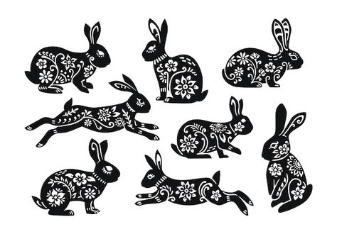 Scandinavian Rabbit Illustration, Folk Rabbit Illustration, Rabbit Sillouhette, Rabbit Folk Art, Year Of The Rabbit Art, Rabbit Illustration Design, Easter Tattoo, Folk Rabbit, Hand Animals