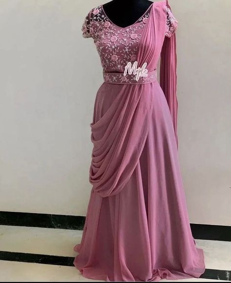 Drape Sarees Gowns Party Wear, Sadi Gown Design, Saree Gown Party Wear Indian Weddings, Sari Gown Designs, Latest Saree Gown Designs, Saree Gown Party Wear, Western Gowns Party Wear, Reception Outfits, Gowns Party Wear