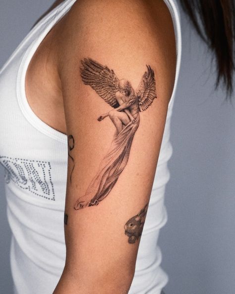 Small Angel Los Angeles, Angel Goddess Tattoo, Faceless Angel Tattoo, Angle Tattoo Women, Angel Side Tattoo, Angel Tattoo Realism, Angel Tattoo Placement, Angel Flying Tattoo, Abstract Angel Tattoo