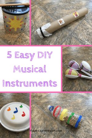 5 Easy DIY musical instruments to make with your children. Kids love music, and learning music helps build STEM skills! Practice counting, learn rhythms, and recognize patterns with these easy to make instruments. This is perfect for babies, toddlers, and preschoolers. Toddler Activity | Preschool Activity | Music Activity for kids | Music and STEM craft #music #STEM #activity #preschool #toddler #baby #kidcraft #musiccraft #STEMactivity Team-Cartwright.com Music Project For Preschoolers, Making Musical Instruments Eyfs, Violin Preschool Craft, Diy Musical Instruments For Preschoolers, Music Science Activities Preschool, Music Experiences For Preschoolers, Music Lesson For Preschool, Diy Instruments For Preschoolers, Music Activities Eyfs