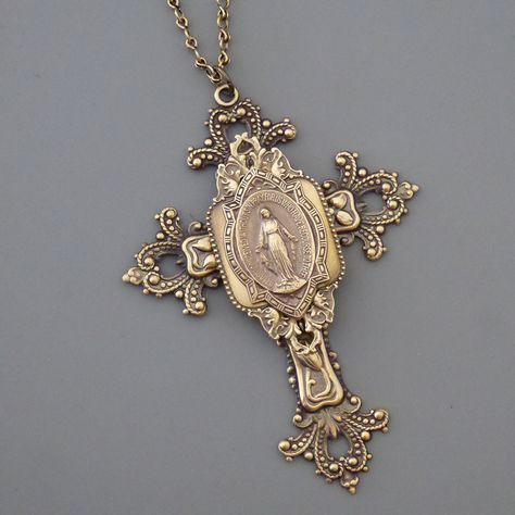 Mother Mary Necklace, Large Cross Necklace, Cross Jewelry Necklace, Vintage Ladder, Mother Mary Images, Mary Necklace, Catholic Necklace, Bainbridge Island, Catholic Jewelry