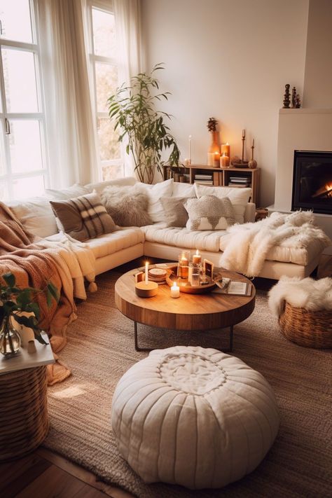 Create a relaxing space to unwind after a long day with these cozy living room ideas. Add plush furnishings like a comfy couch and oversized armchair for ultimate comfort. How To Make A Big Living Room Feel Cozy, Oversized Sofa Comfy Couches Living Room, Bohemian Couch Pillows, Cozy Couch Aesthetic, Cosy Living Room Ideas Warm Colours, Comfy Couch Pillows, Comfy Cozy Living Room, Rustic Bohemian Living Room, Comfy Couches