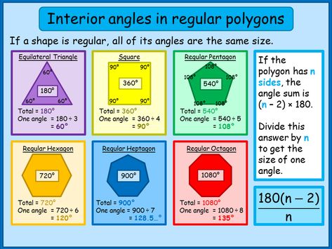 http://www.aplustopper.com/interior-angle-regular-polygon/  Interior Angles of Regular Polygons Teaching Aids For Maths, Math Formula Chart, Angles Math, Regular Hexagon, Exterior Angles, Regular Polygon, Math Charts, Math Anchor Charts, Maths Solutions