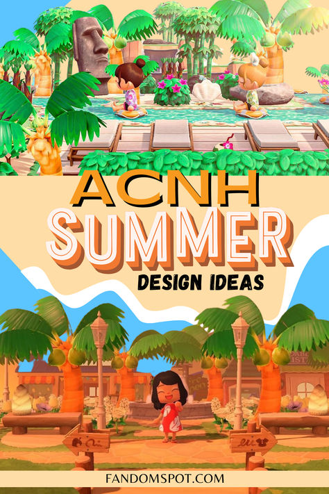 Add a cute summer-y vibe into your ACNH island with this adorable inspo gallery. Peep all these designs to learn how to build a beach paradise, a tropical getaway, or even a summer styled backyard behind your house. Tropical Acnh Villagers, Acnh Island Aesthetic, Tropical Island Animal Crossing, Tropical Island Acnh, Acnh Summer Island, Acnh Beach Town, Tropical Animal Crossing Island, Animal Crossing Tropical Island, Acnh Tropical Island