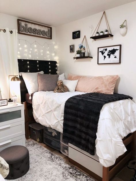 Dorm Carpet Ideas, Tan And White Dorm Room, Black Bed Dorm Room, Modern Dorm Room Aesthetic, Starry Dorm Room, Pink White Grey Dorm Room, Black White Dorm Room Ideas, Gray Themed Room, Pink White And Grey Dorm Room Ideas