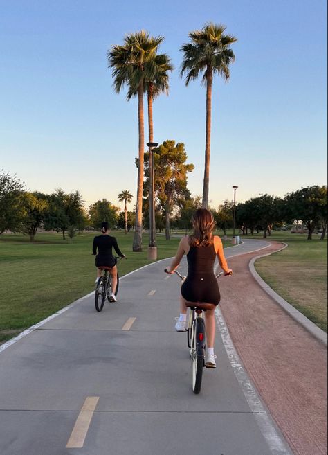 Summer inspo , sunset bike rides Biking With Friends Aesthetic, Biking At The Beach, Biking On The Beach, Bike Rides Summer, Biking Aesthetic Summer, Summer Sports Aesthetic, Bike Rides Aesthetics, Riding Bikes Aesthetic, Bike Riding Outfit Summer