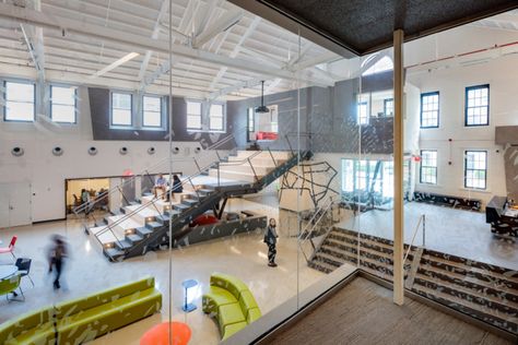 Pratt Institute Student Union -  stair Tiered Seating, Pratt Institute, Multifunctional Space, Collaboration Space, Adaptive Reuse, Building Systems, Education Design, Plaster Walls, Reception Desk