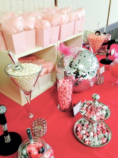 Disco Party Candy Table we made for a birthday Disco Themed Dessert Table, Disco Party Snack Table, Disco Party Treat Table, Disco Party Food Ideas Dessert Tables, Disco Snack Table, Disco Candy Table, Food For Disco Party, Disco Theme Dessert Table, Disco Party Food Table