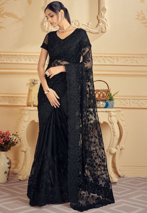 Black Net Saree, Stone Work Saree, Contemporary Saree, Trendy Saree, Party Wear Sarees Online, Celebrity Gowns, Net Blouses, Gaun Fashion, Party Sarees