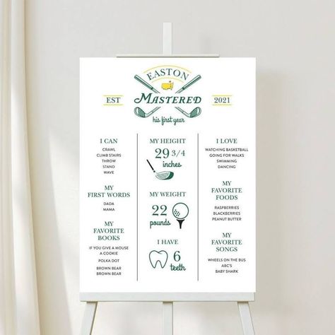 Milestone First Birthday Board, Masters Themed 1st Birthday Party, 1st Birthday Party Golf Theme, First Golf Birthday, Masters 1st Birthday, Golf Birthday One Year Old, First Birthday Masters Theme, Master Birthday Party, Masters Baby Birthday