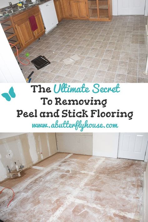 Find out the easiest way to remove your peel and stick floor tile. # AButterflyHouse #Flooring #PeelAndStickTile #Demolition Remove Peel And Stick Tile Floors, How To Remove Linoleum Flooring, Floor Pops Peel And Stick, Sticky Tile Floor, Removing Vinyl Flooring, Self Adhesive Floor Tiles, Sticky Tile, Peel And Stick Floor Tile, Adhesive Floor Tiles
