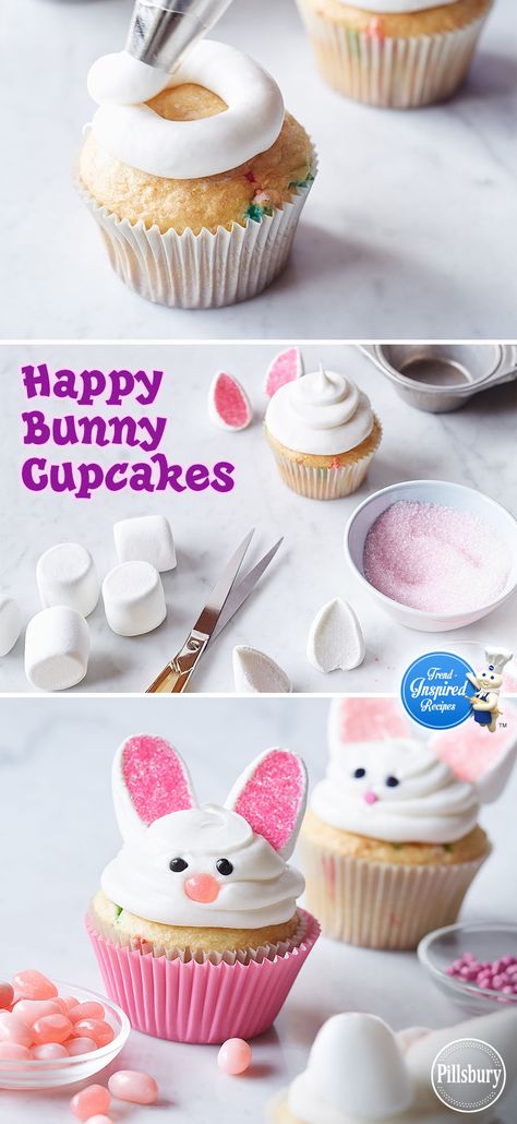 With marshmallows, jellybeans and pink decorator sugar, you can turn plain white cupcakes into Happy Bunny Cupcakes! See how easy it is to make these super cute Easter treats! Desserts Cupcakes, Desserts Ideas, Bunny Cupcakes, Easter Sweets, Happy Bunny, White Cupcakes, Easter Desserts, Easter Goodies, Easter Baking