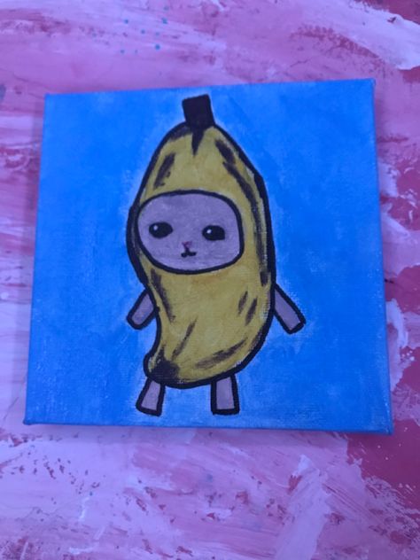 Food Painting Ideas Easy, Cat Mini Painting, Cute Cat Canvas Painting Easy, Silly Canvas Paintings, Chaotic Painting Ideas, Memes Painted Canvas, Weird Things To Paint, Funny Simple Paintings, Canvas Painting Ideas Funny