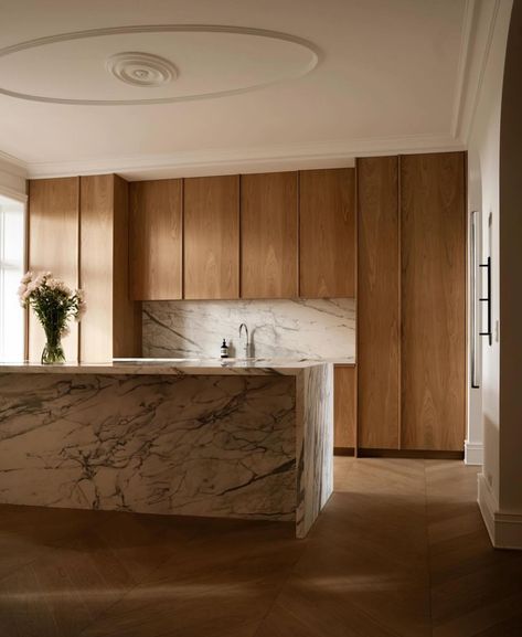 Talking kitchens today. Are you a wood floor or stone? @lassefragtrup #renovation #transformation #architecture #photo #interior… | Instagram Transformation Architecture, Marble Interior Design, Marble Floor Kitchen, Ashley Stark, Peninsula Kitchen, Marble Interior, Walnut Kitchen, Wood Kitchen Island, Stone Interior