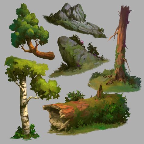 ArtStation - Forest props study, Nick Serpilov Stone Concept Art, Digital Art Tree, Digital Landscape Art, Tree Parts, 숲 사진, Environment Painting, Props Art, Landscape Concept, Seni Cat Air