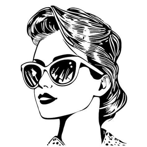 A woman with sunglasses on her face is w... | Premium Vector #Freepik #vector #sunglasses #glasses #eyewear #rockabilly Bun Hairstyles, Sunglasses Drawing, Woman With Sunglasses, Drawing Of A Woman, Hair In A Bun, White Drawing, Woman Drawing, Black And White Drawing, Womens Glasses